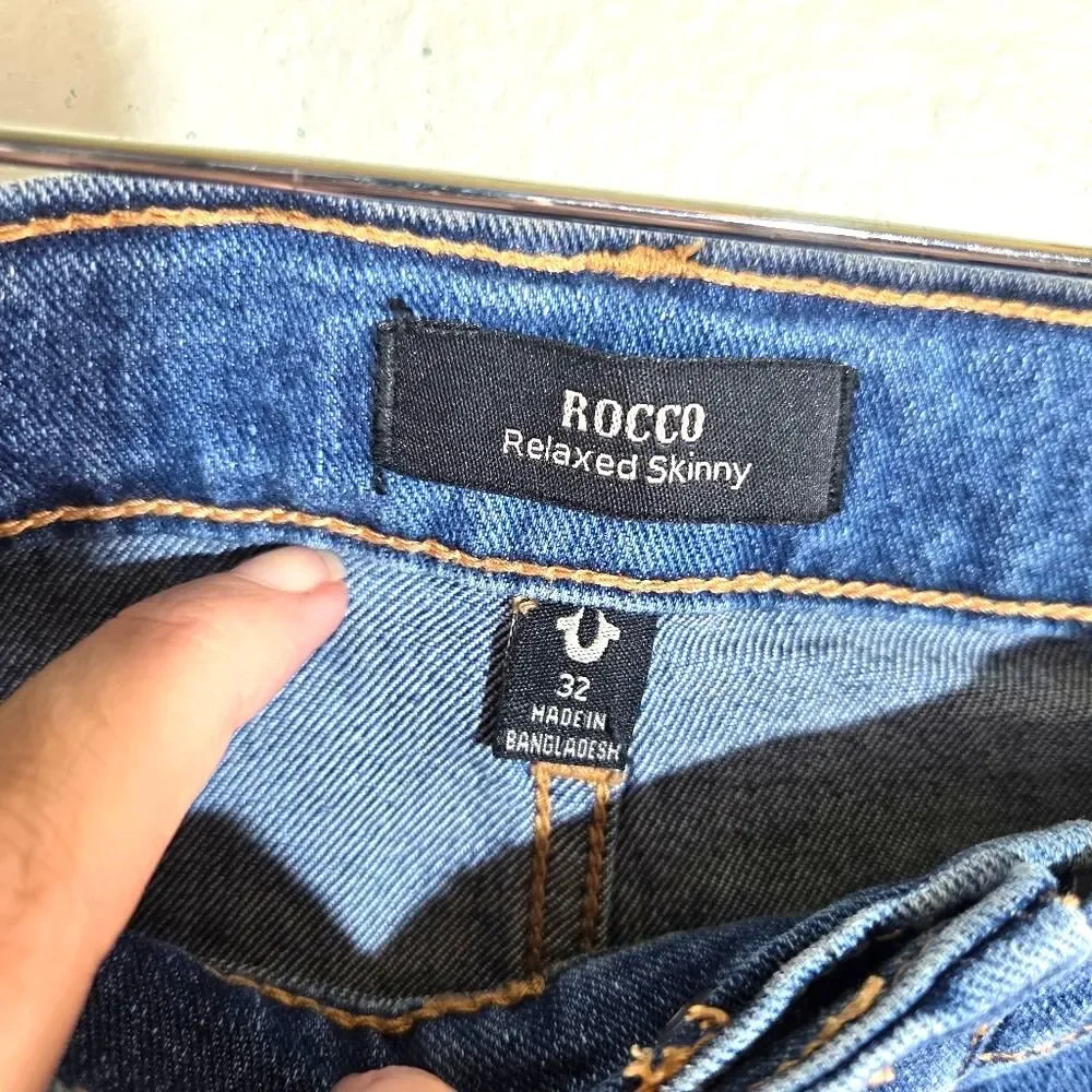 Men's True Religon Rocco Moto Relaxed Skinny Denim Blue Jeans Size 32